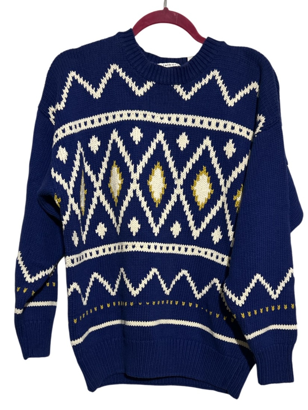 Claiborne Navy, Ivory & Gold Geometric Crewneck Sweater Vintage Large